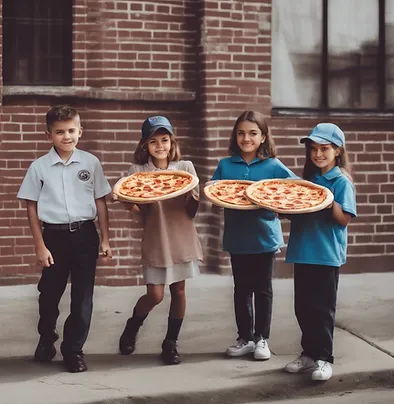 A group of kids holding pizza on the sidewalk.