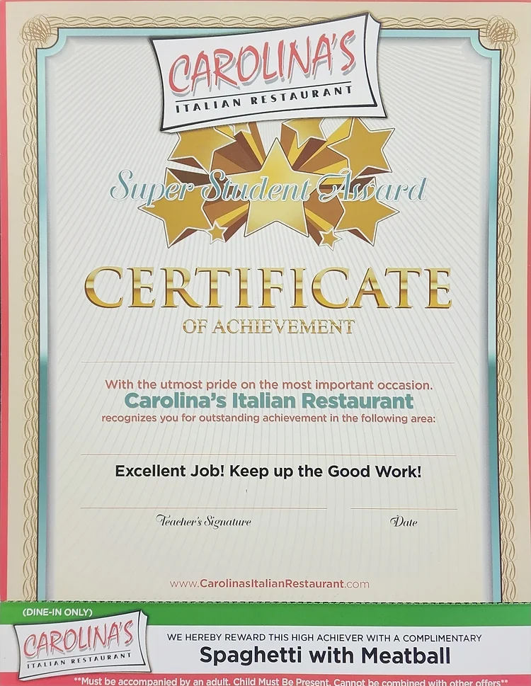 A certificate of achievement for the restaurant