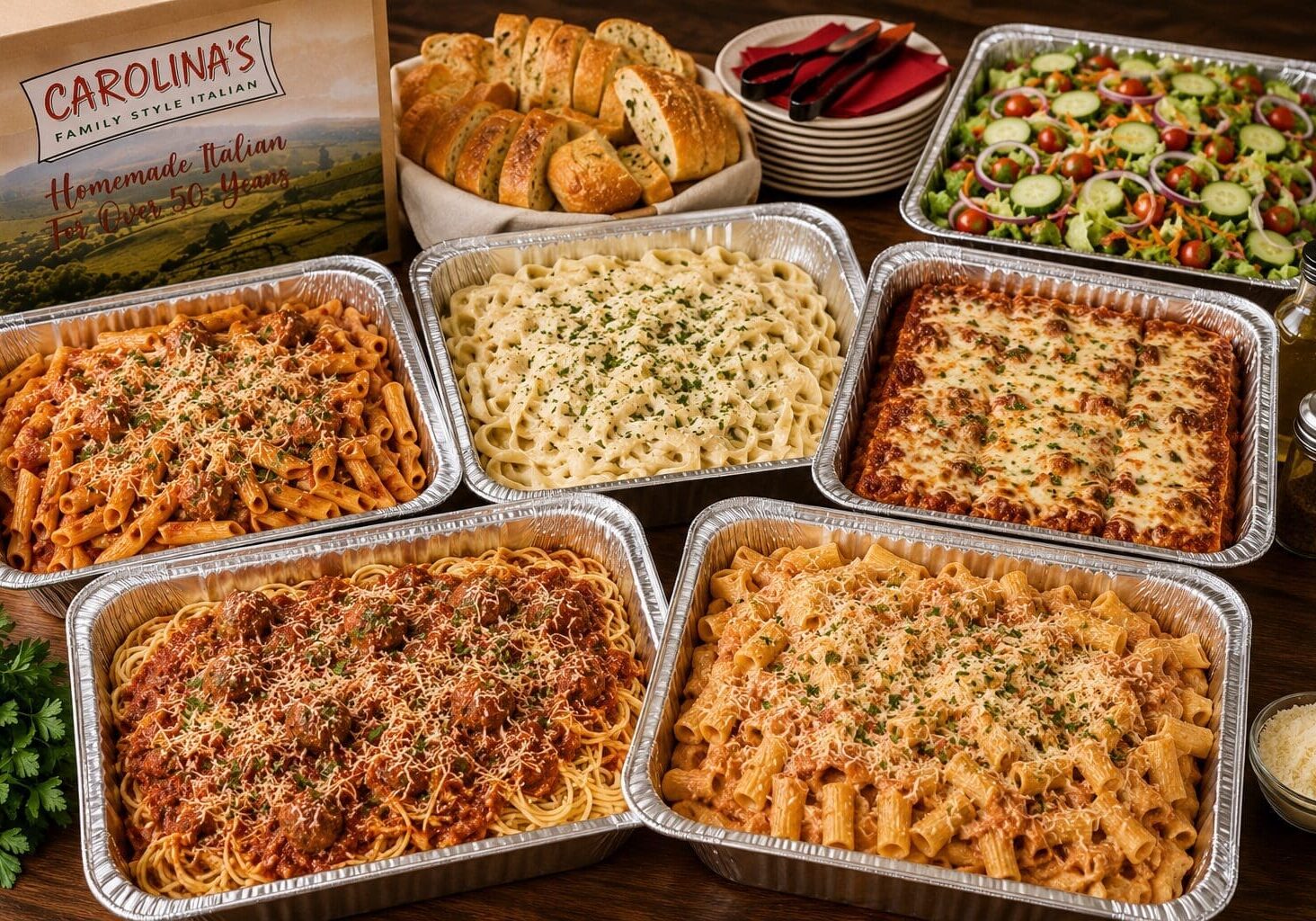 assortment of pastas in large trays