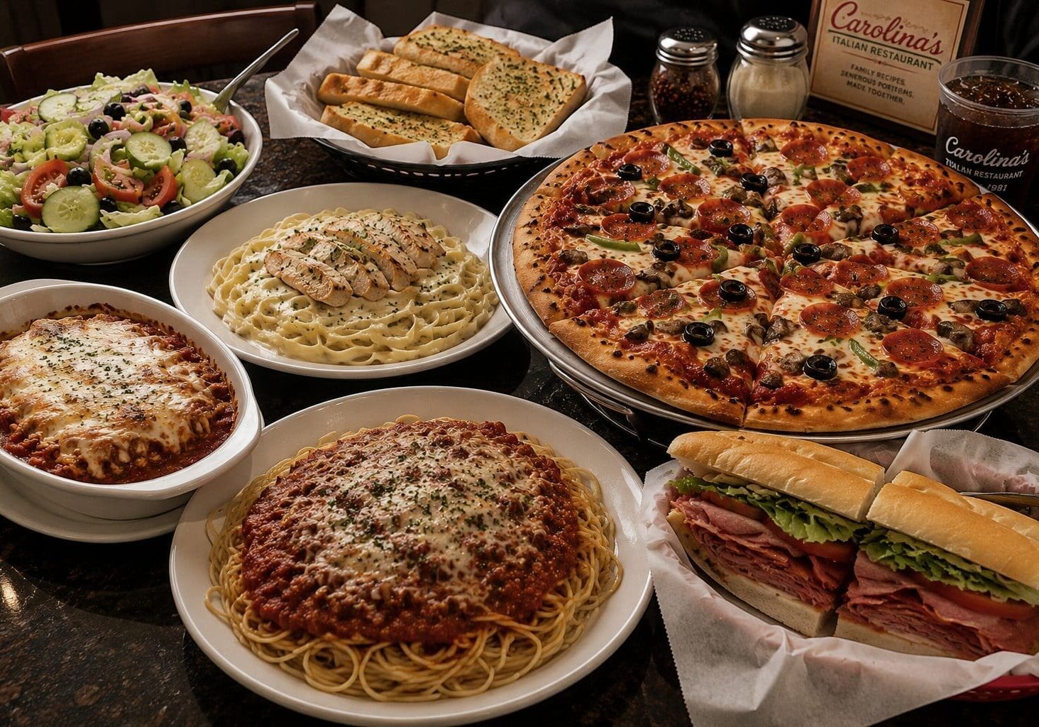 image of pizza, fettuccine alfredo, Spaghetti with meat sauce and salad